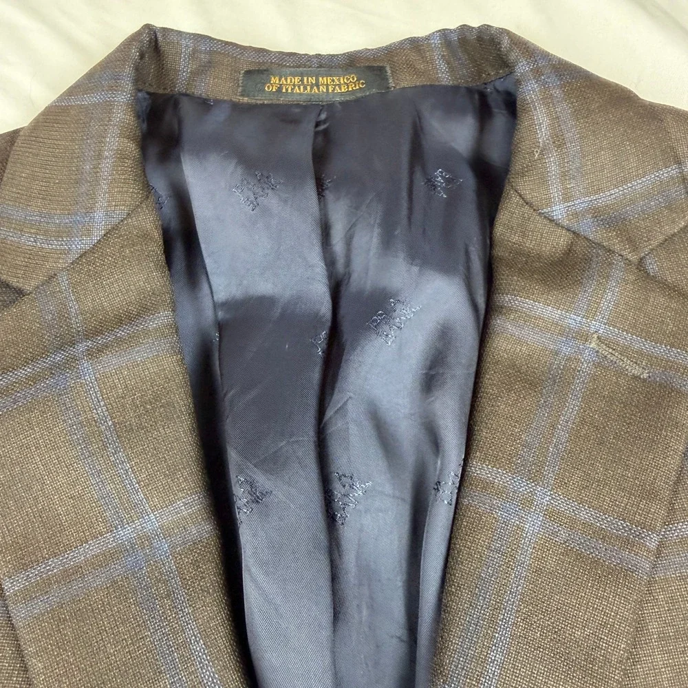 Jos A Bank Reserve E Thomas Super 130s Wool Blazer Brown Windowpane 46R Mens